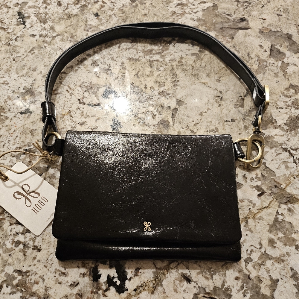 NEW HOBO Leather Winn Belt/Sling Bag In Shiny Black